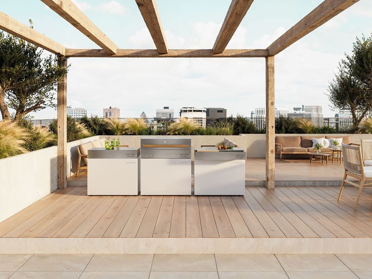 A Flammkraft Block gas grill set up on a terrace